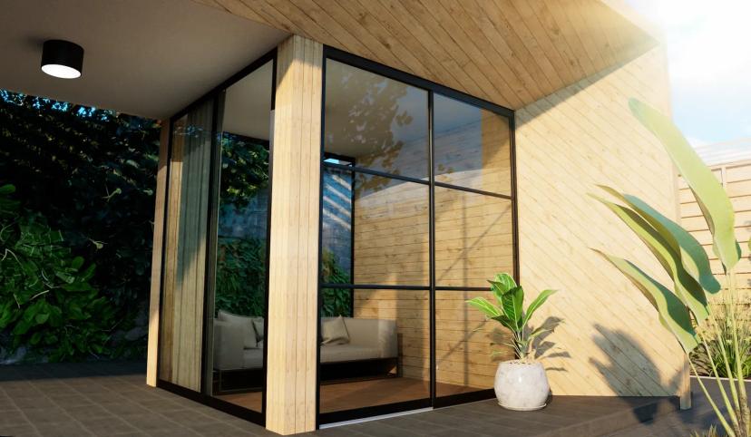 2-rail steellook glazen schuifwand in antraciet (RAL 7016): totaalbeeld