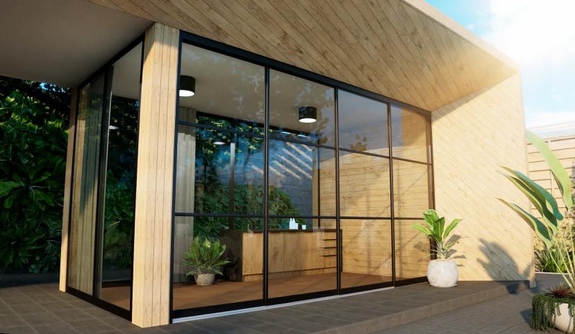 4-rail steellook glazen schuifwand in antraciet (RAL 7016): totaalbeeld
