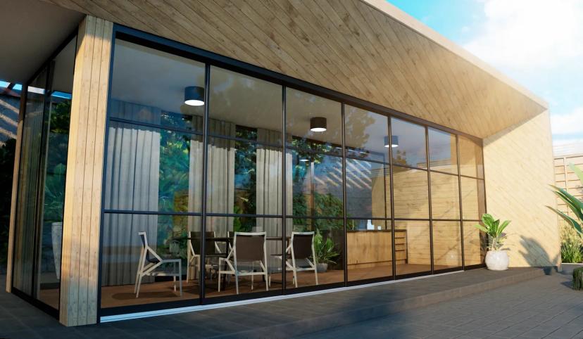 7-rail steellook glazen schuifwand in antraciet (RAL 7016): totaalbeeld